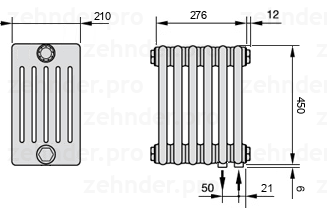 Схема (чертеж) Радиатор Zehnder Charleston 6045/6 №5510 Белый глянцевый RAL 9016